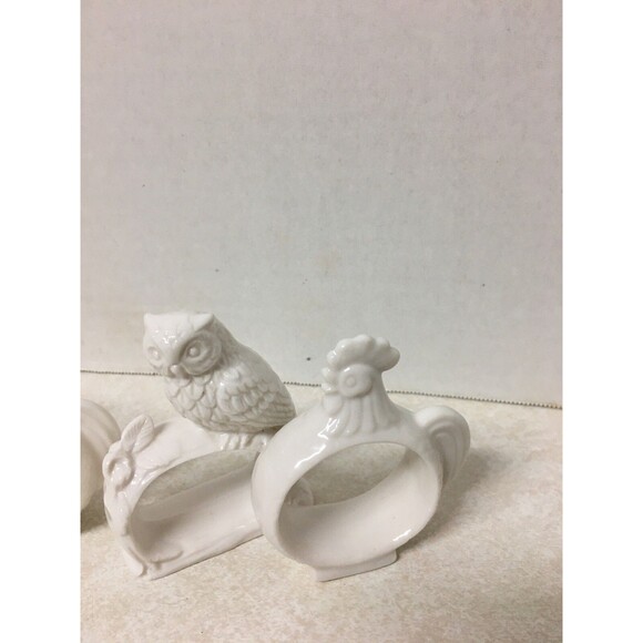 Vintage Set Of 5 Chickens And Owl Ceramic Napkin Rings 1970’s Country Decor - Picture 2 of 7
